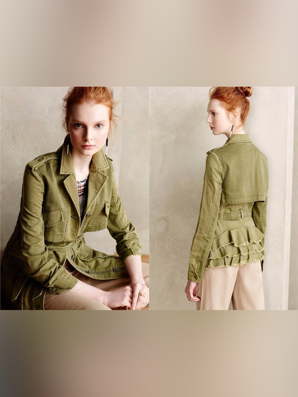 Anthropologie Olive Green Women's Military Utility Ruffle Back Jacket